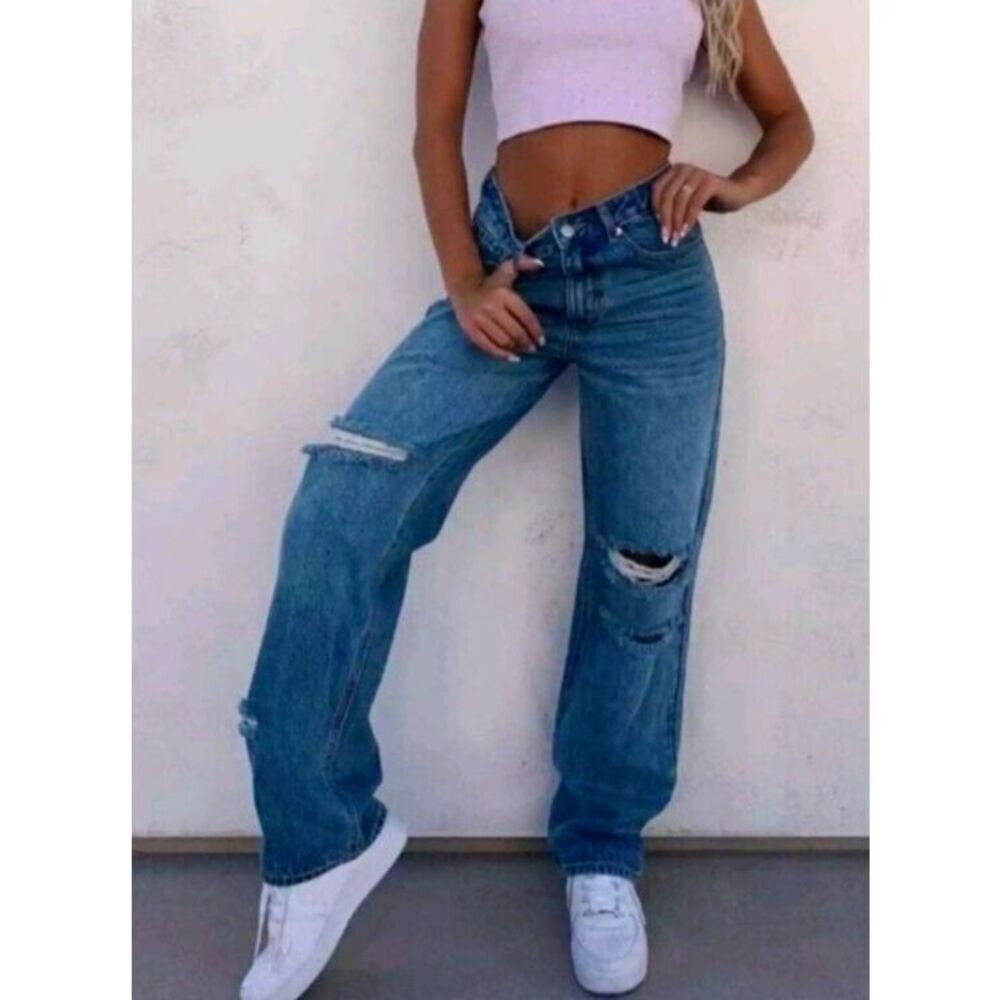 Tiger‎ Mist Jeans X-Small High-Waisted Wide Leg Distressed Baggy Medium Washed